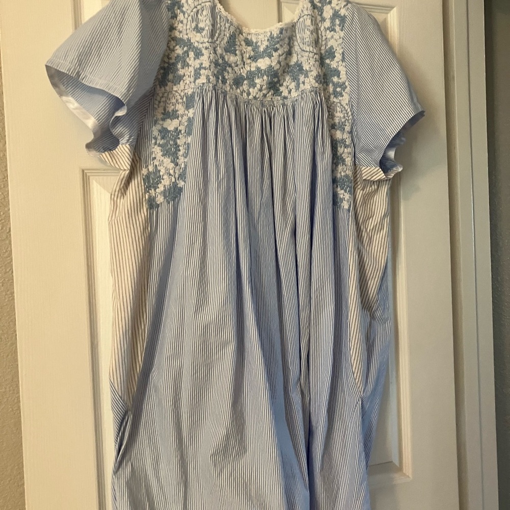 Rare Mi Golondrina Light Blue Striped Mini Dress with Floral Yoke